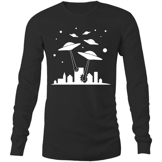 Space Invasion - Long Sleeve T-Shirt Black Unisex Long Sleeve T-shirt Mens Retro Sci Fi Space Womens