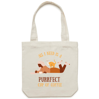 All I Need Is A Purrfect Cup Of Coffee - Canvas Tote Bag Cream One Size Tote Bag animal Coffee