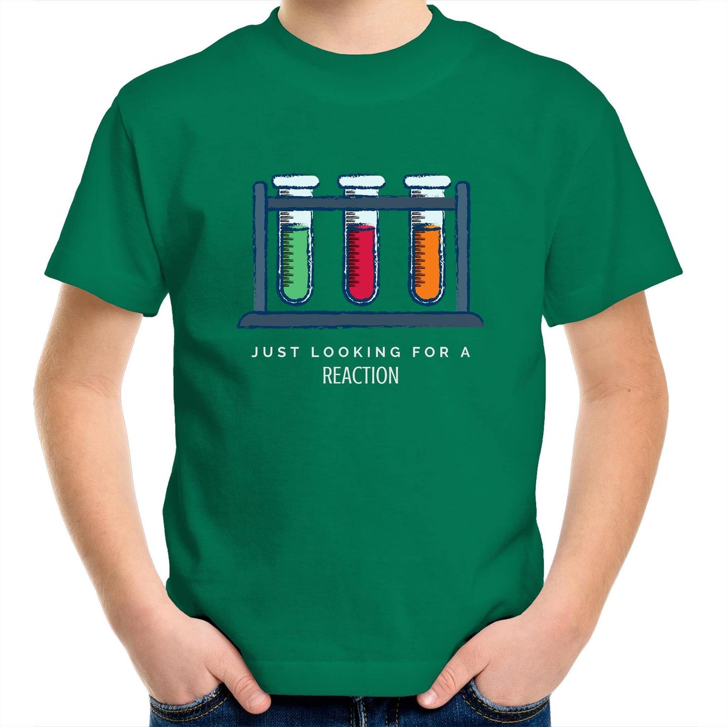 Test Tube, Just Looking For A Reaction - Kids Youth Crew T-Shirt Kelly Green Kids Youth T-shirt Science