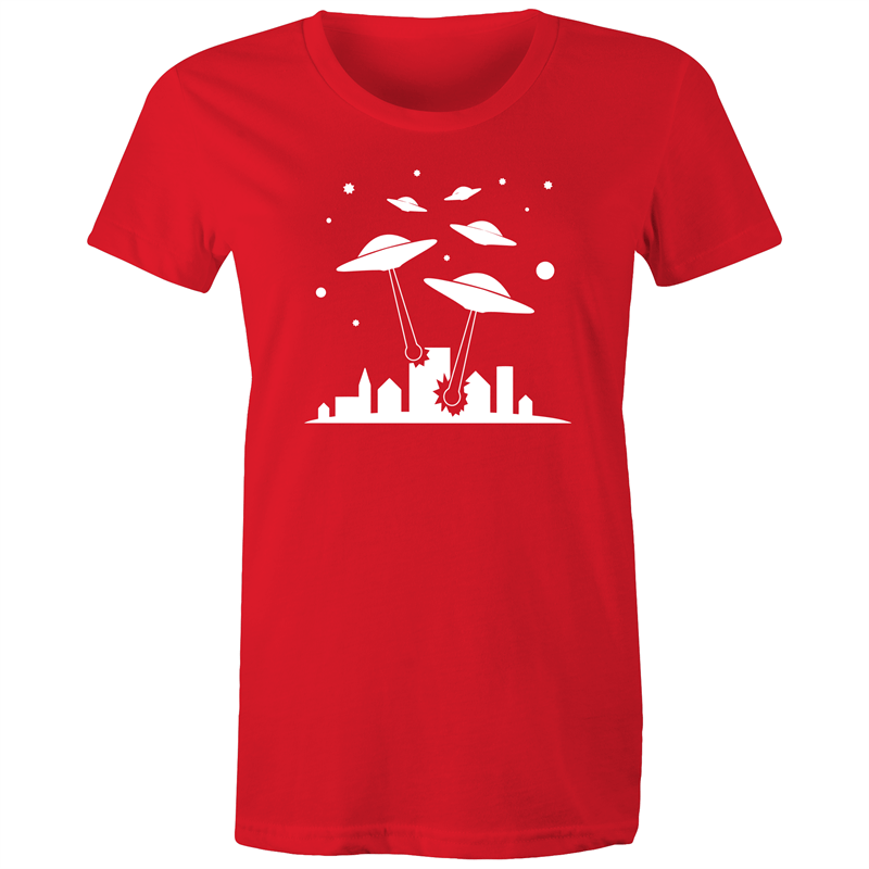 Space Invasion - Women's T-shirt Red Womens T-shirt comic Retro Sci Fi Space Womens
