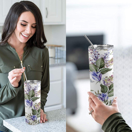 Blue Flowers - 20oz Tall Skinny Tumbler with Lid and Straw 20oz Tall Skinny Tumbler with Lid and Straw Printed Offshore