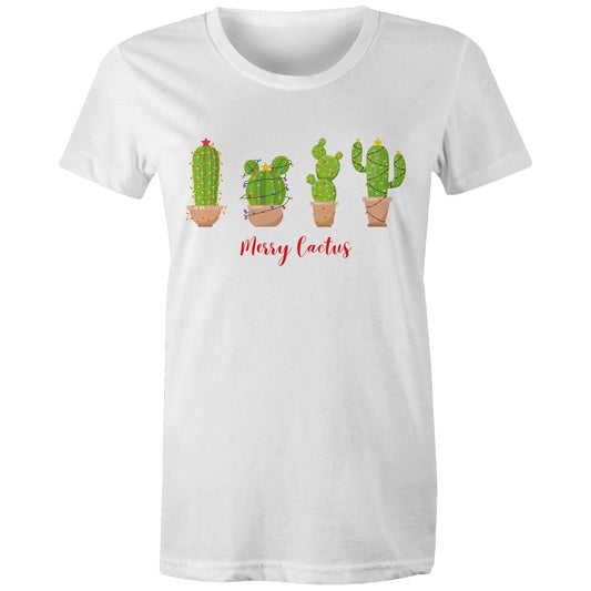 Merry Cactus - Womens T-shirt White Christmas Womens T-shirt Merry Christmas