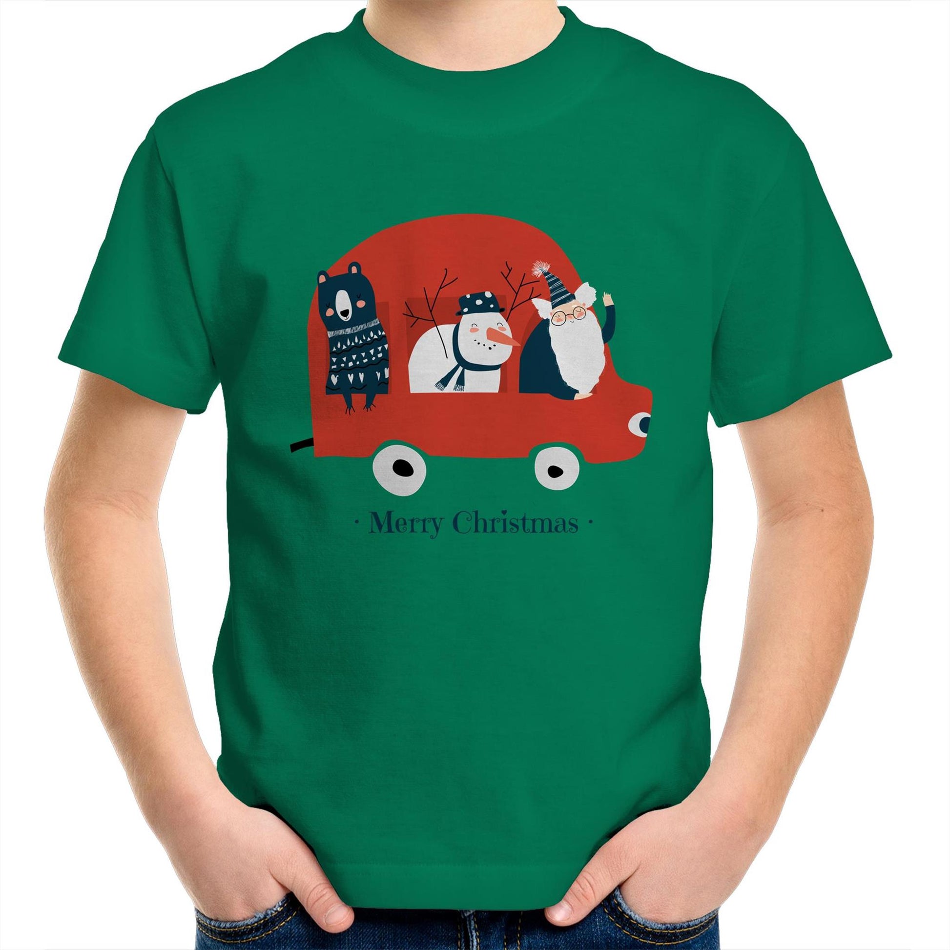 Santa Car - Kids Youth Crew T-Shirt Kelly Green Christmas Kids T-shirt Merry Christmas