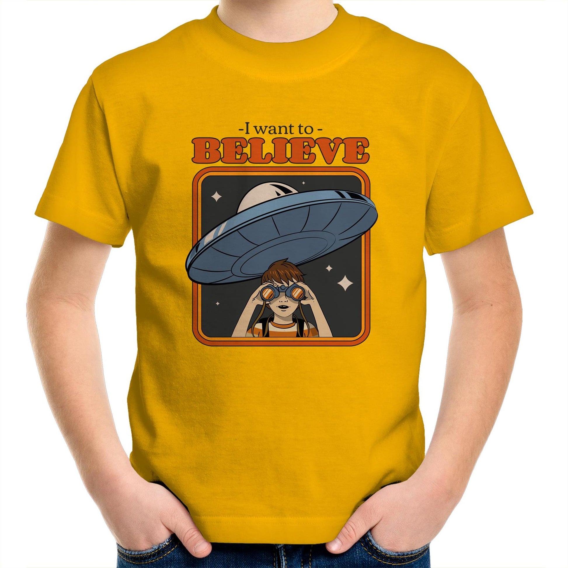 I Want To Believe - Kids Youth Crew T-Shirt Gold Kids Youth T-shirt Sci Fi