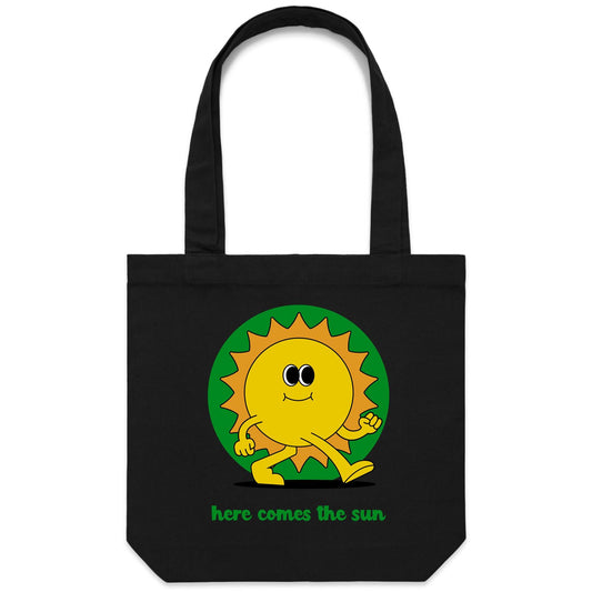 Here Comes The Sun - Canvas Tote Bag Black One Size Tote Bag Retro Summer
