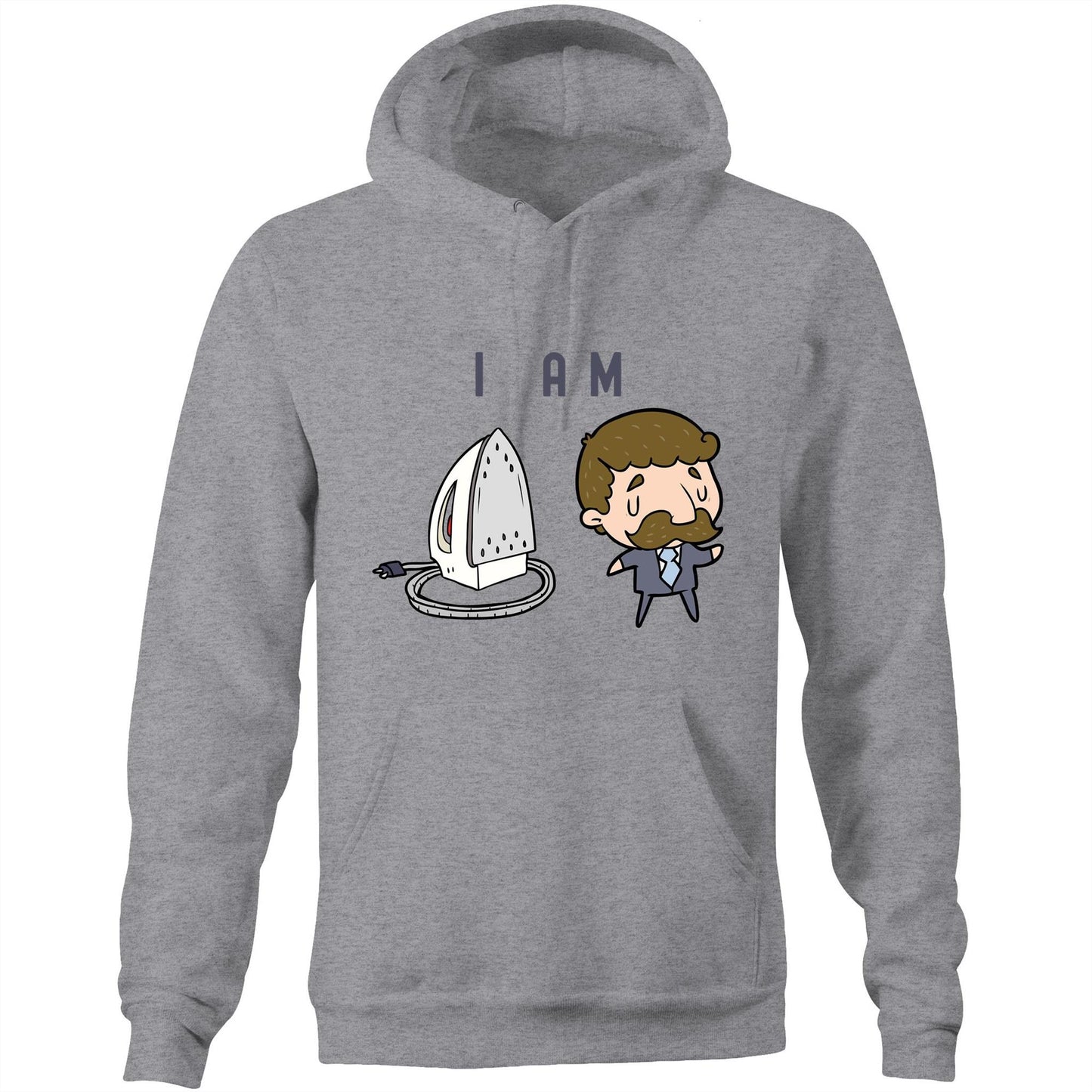 I Am Ironing Man Cartoon - Pocket Hoodie Sweatshirt Grey Marle Hoodie comic Funny