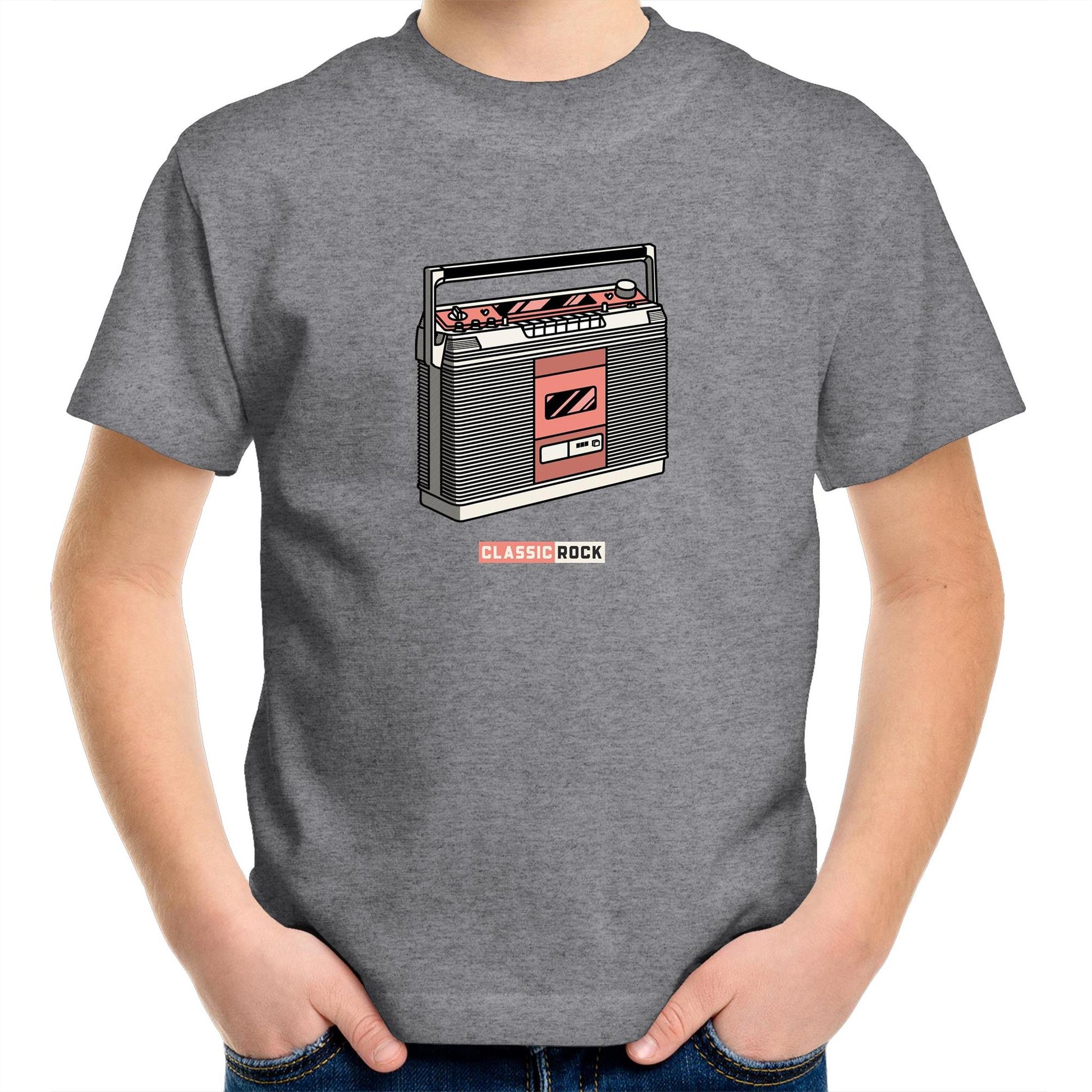 Classic Rock, Cassette Player Kids Youth Crew T-Shirt Grey Marle Kids Youth T-shirt Music Retro