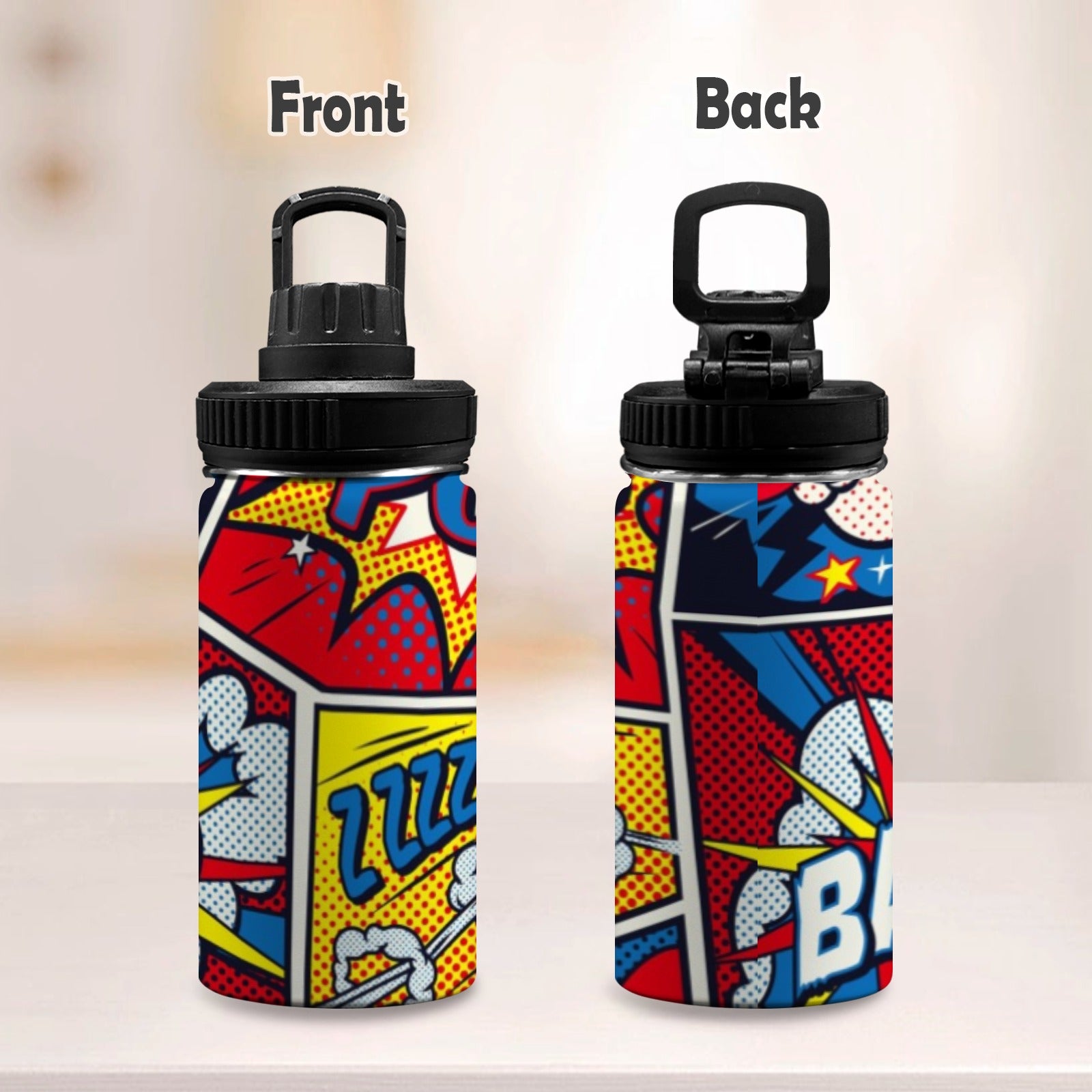 Comic Book - Kids Water Bottle with Chug Lid (12 oz) Kids Water Bottle with Chug Lid