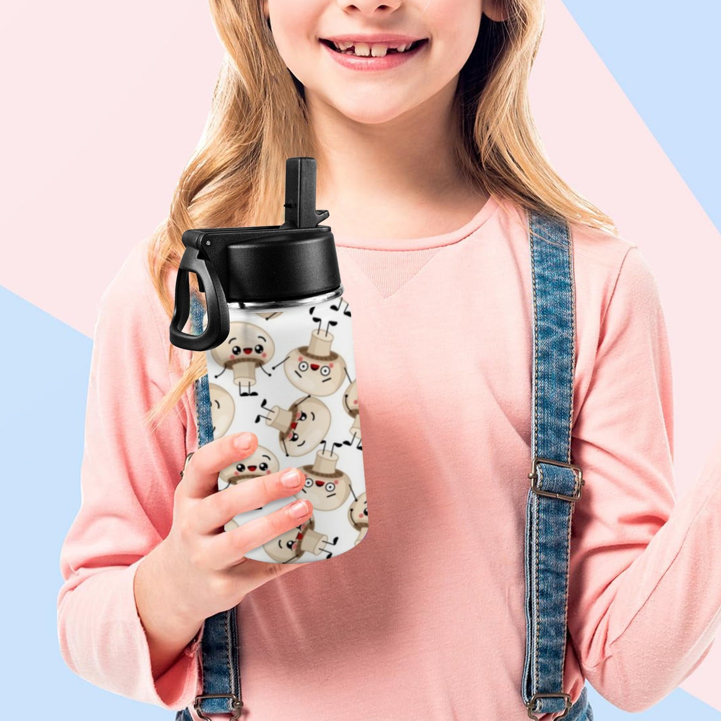 Cute Mushrooms - Kids Water Bottle with Straw Lid (12 oz) Kids Water Bottle with Straw Lid