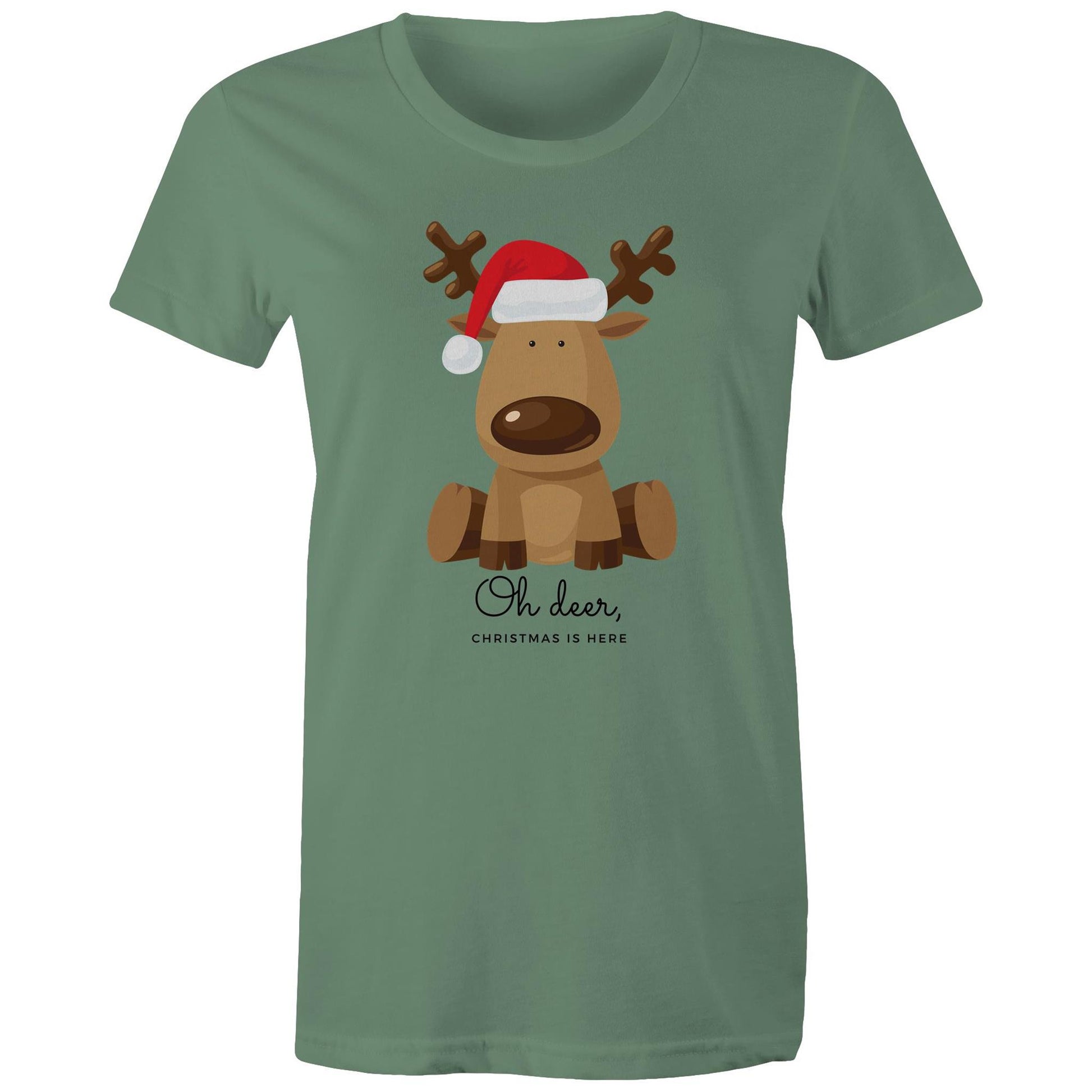 Oh Deer, Christmas Is Here - Womens T-shirt Sage Christmas Womens T-shirt Merry Christmas