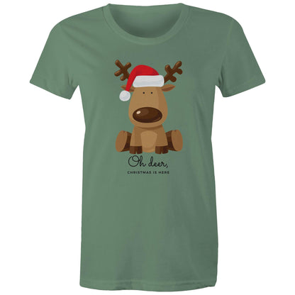 Oh Deer, Christmas Is Here - Womens T-shirt Sage Christmas Womens T-shirt Merry Christmas