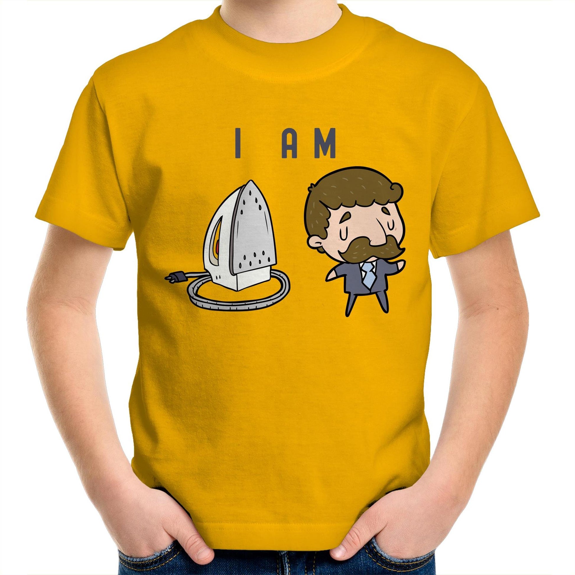 I Am Ironing Man Cartoon - Kids Youth Crew T-Shirt Gold Kids Youth T-shirt comic Funny