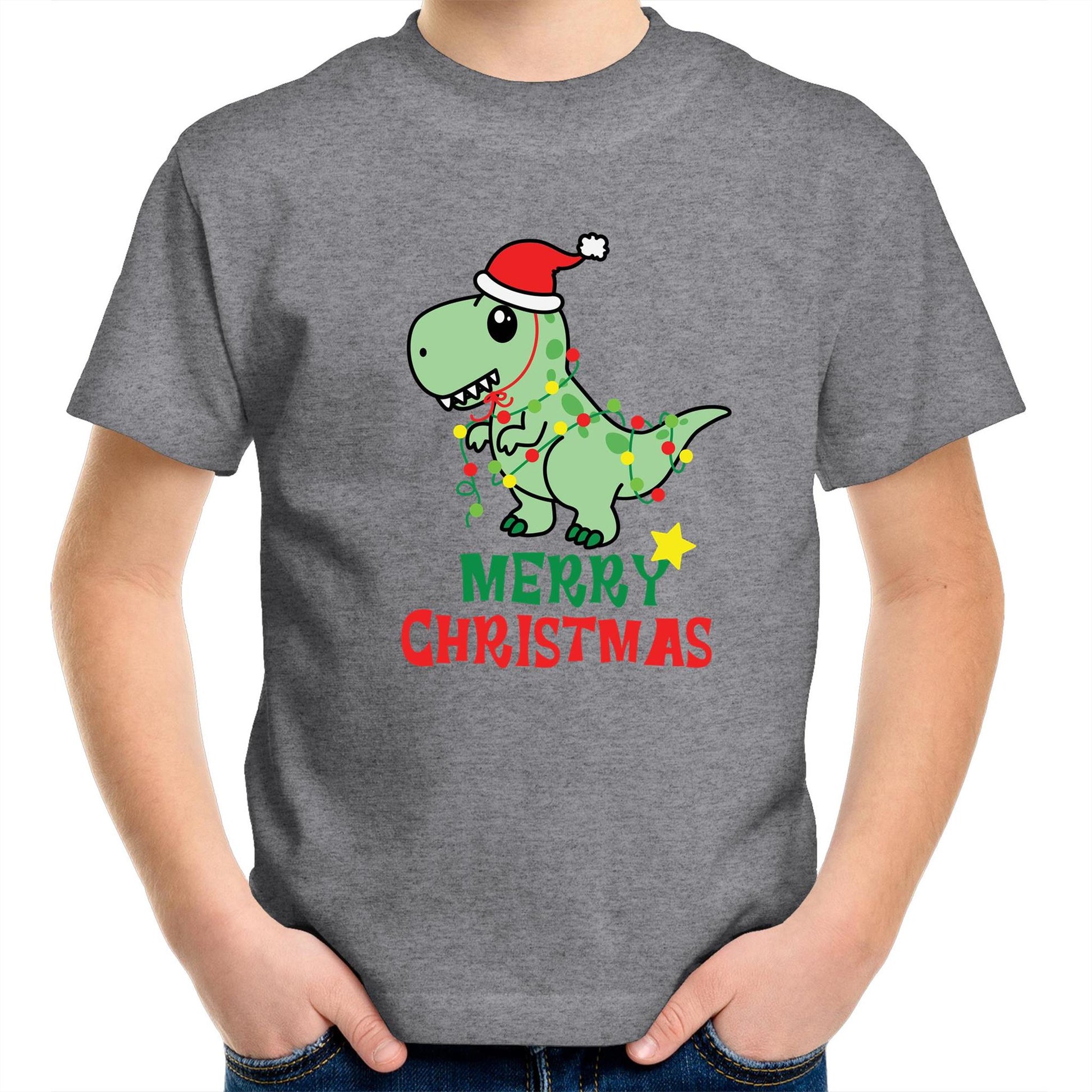 Christmas Dinosaur - Kids Youth Crew T-Shirt Grey Marle Christmas Kids T-shirt Merry Christmas