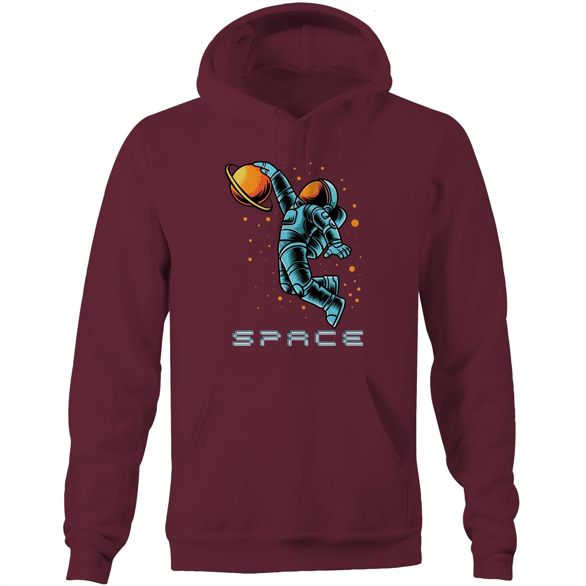 Astronaut Baksetball - Pocket Hoodie Sweatshirt Burgundy Heavyweight Hoodie Space