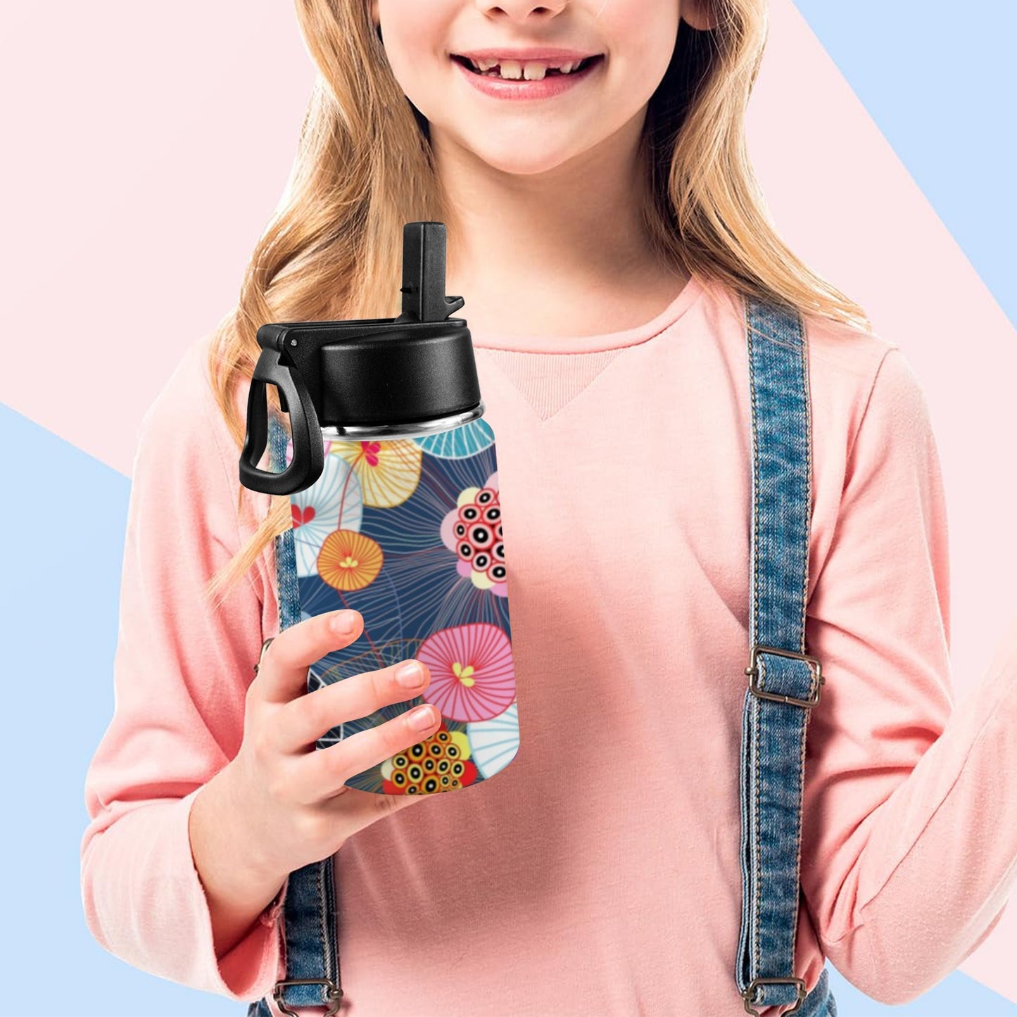 Abstract Floral - Kids Water Bottle with Straw Lid (12 oz) Kids Water Bottle with Straw Lid