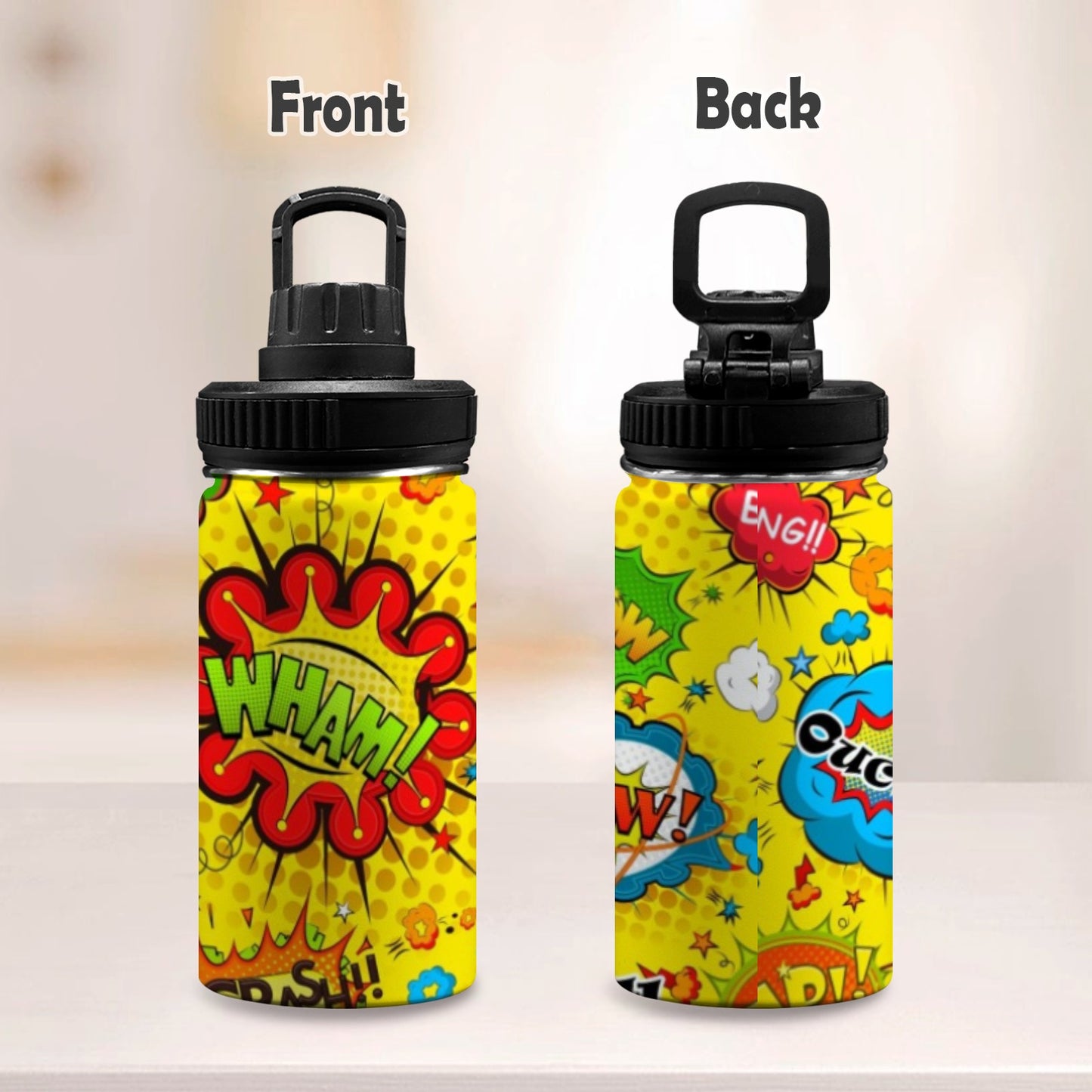 Comic Book Yellow - Kids Water Bottle with Chug Lid (12 oz) Kids Water Bottle with Chug Lid Printed Offshore