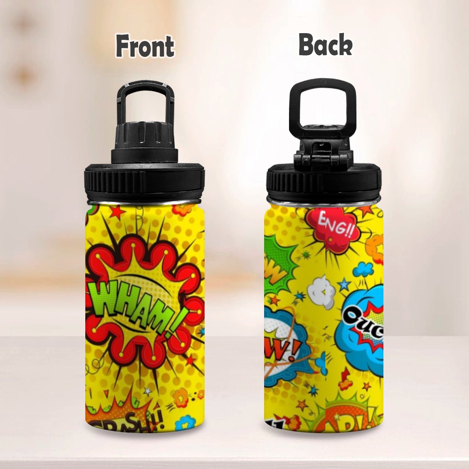 Comic Book Yellow - Kids Water Bottle with Chug Lid (12 oz) Kids Water Bottle with Chug Lid