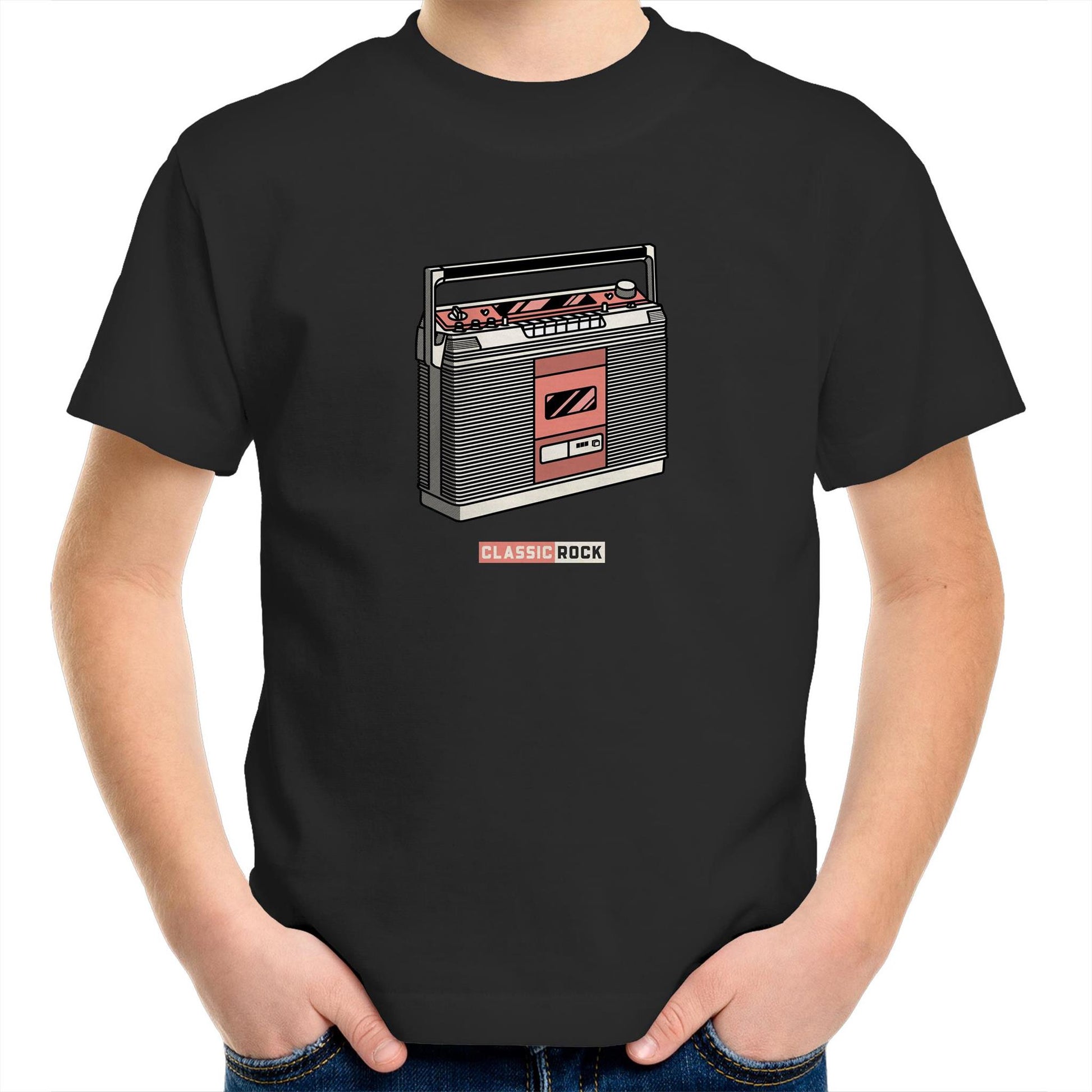 Classic Rock, Cassette Player Kids Youth Crew T-Shirt Black Kids Youth T-shirt Music Retro