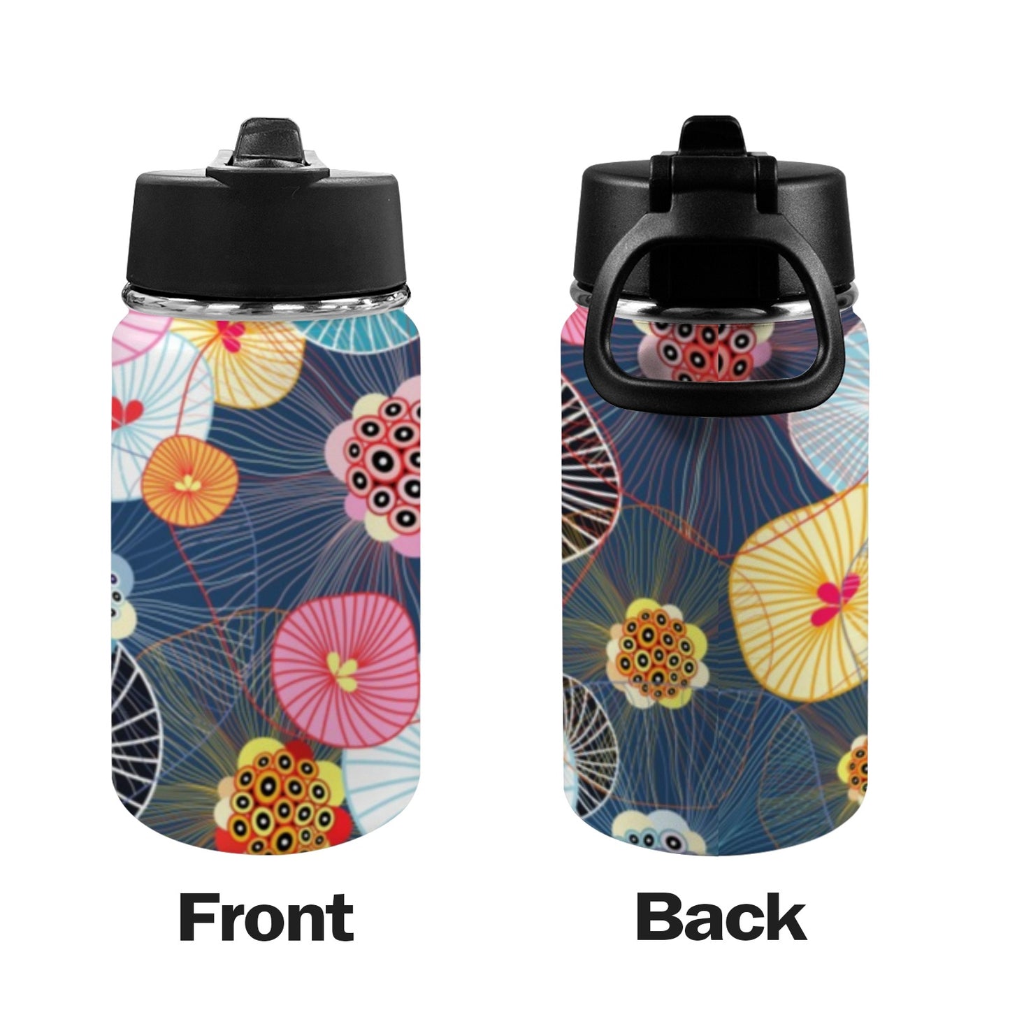 Abstract Floral - Kids Water Bottle with Straw Lid (12 oz) Kids Water Bottle with Straw Lid