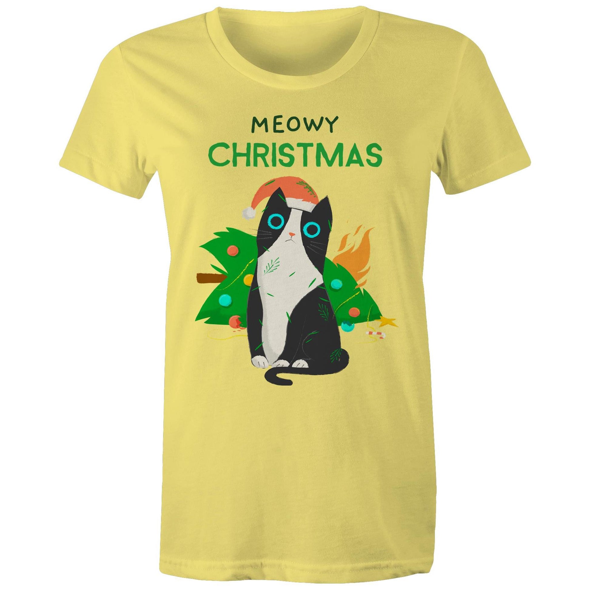 Meowy Christmas - Womens T-shirt Yellow Christmas Womens T-shirt Merry Christmas
