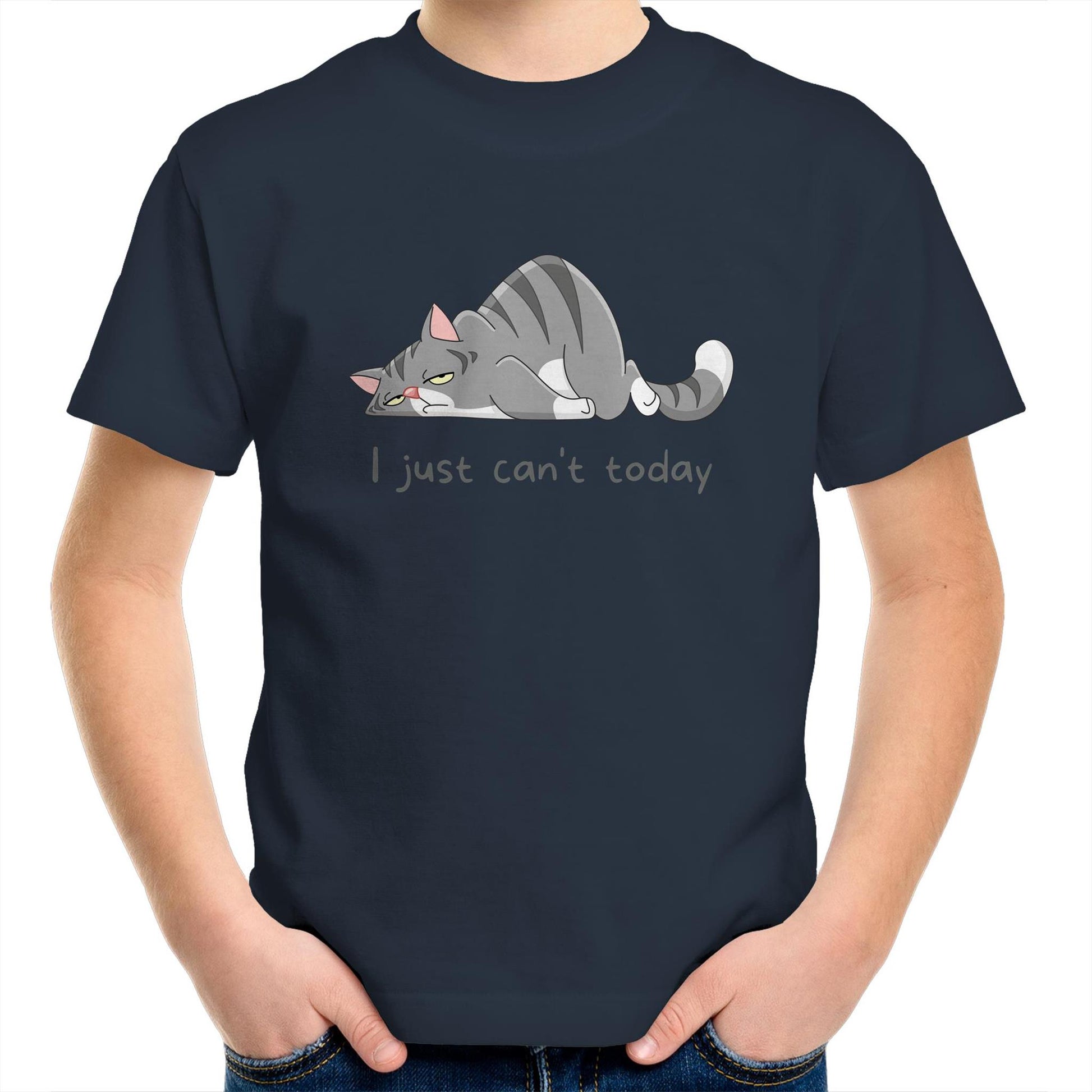 Cat, I Just Can't Today - Kids Youth Crew T-Shirt Navy Kids Youth T-shirt animal