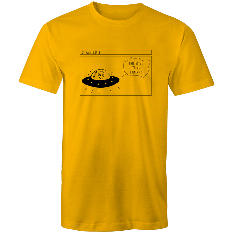 Alien Climate Change - Mens T-Shirt Gold Mens T-shirt comic Environment Funny Mens Sci Fi Space