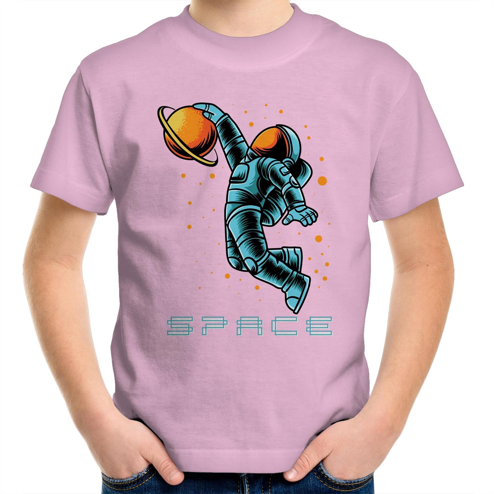Astronaut Basketball - Kids Youth Crew T-Shirt Pink Kids Youth T-shirt Space