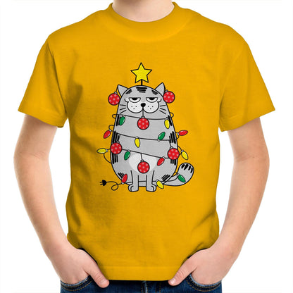 Christmas Cat - Kids Youth Crew T-Shirt Gold Christmas Kids T-shirt Merry Christmas