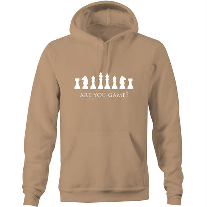 Are You Game - Pocket Hoodie Sweatshirt Tan Heavyweight Hoodie Chess Funny Games Mens Womens