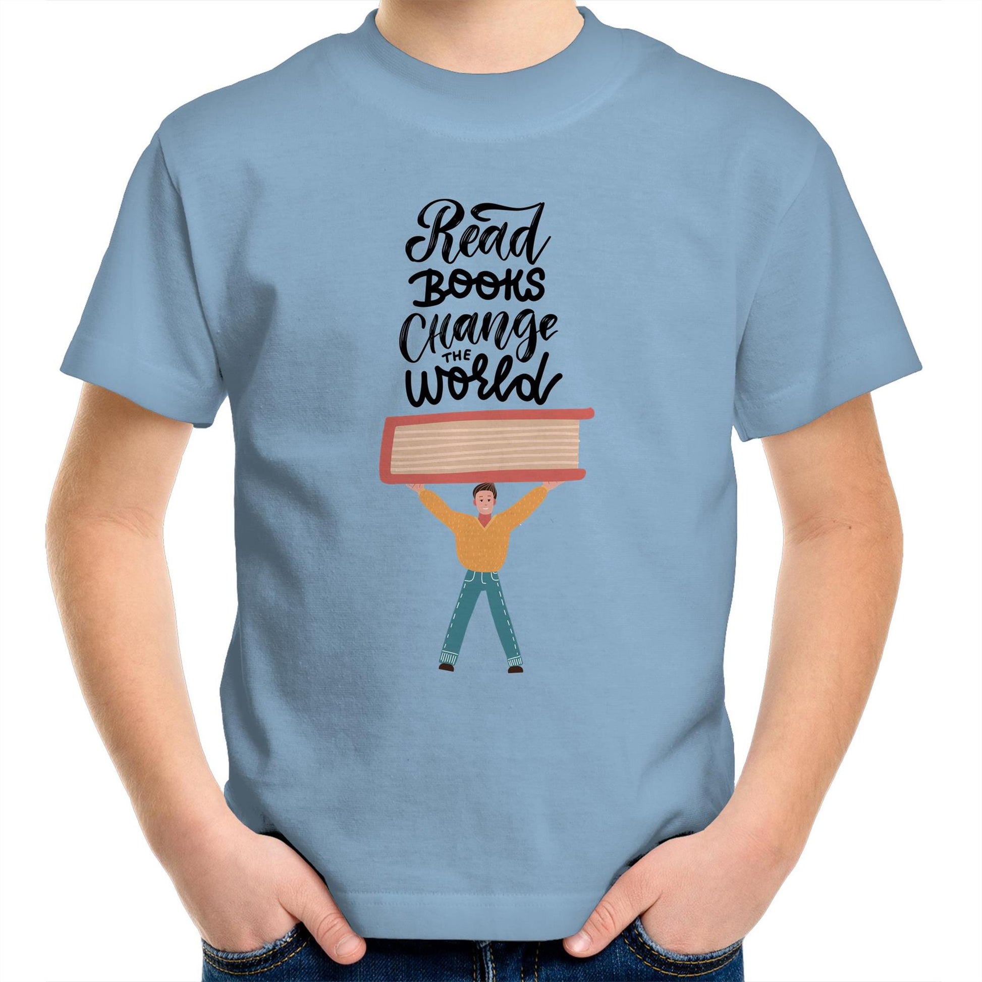 Read Books, Change The World - Kids Youth Crew T-Shirt Carolina Blue Kids Youth T-shirt Reading