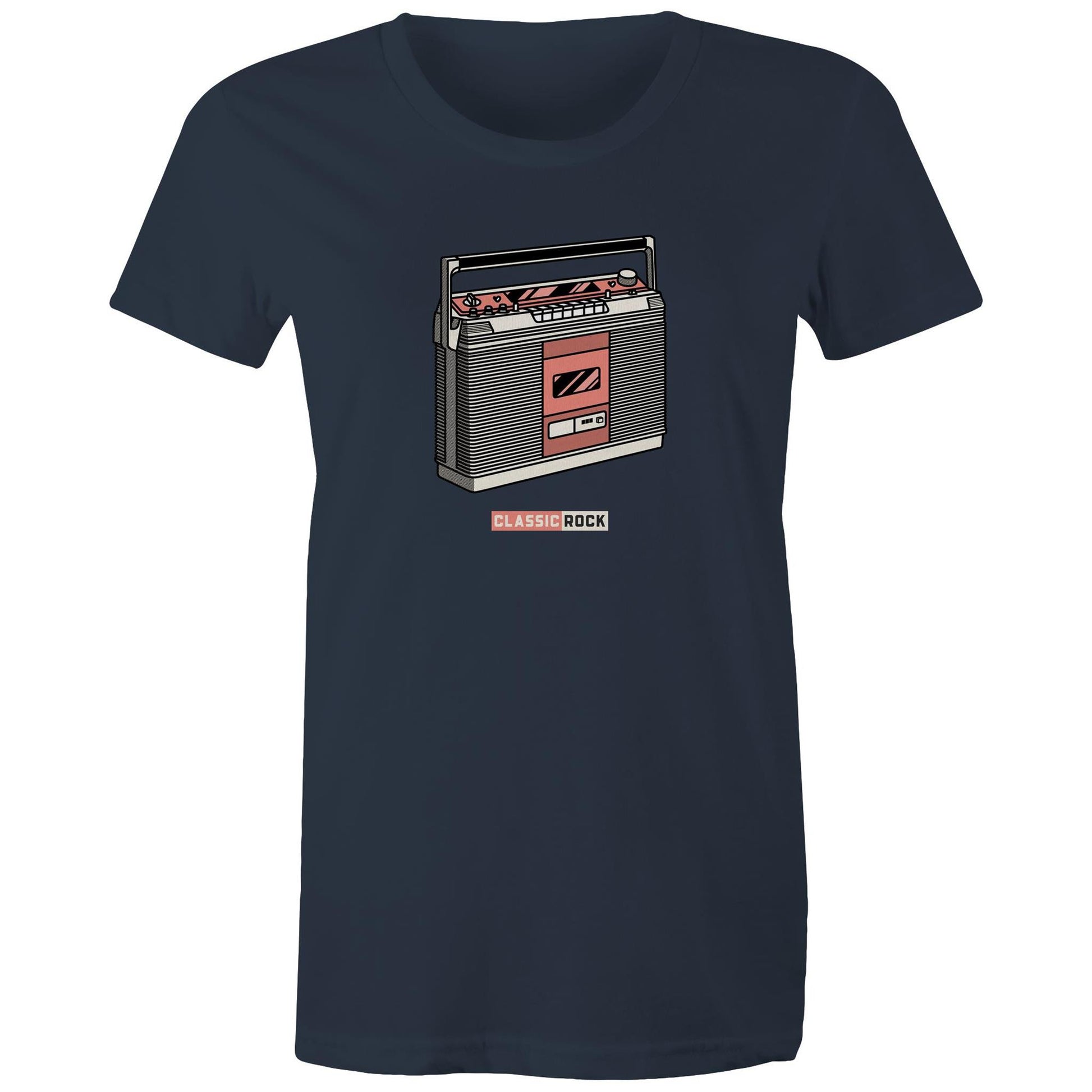 Classic Rock, Cassette Player - Womens T-shirt Navy Womens T-shirt Music Retro