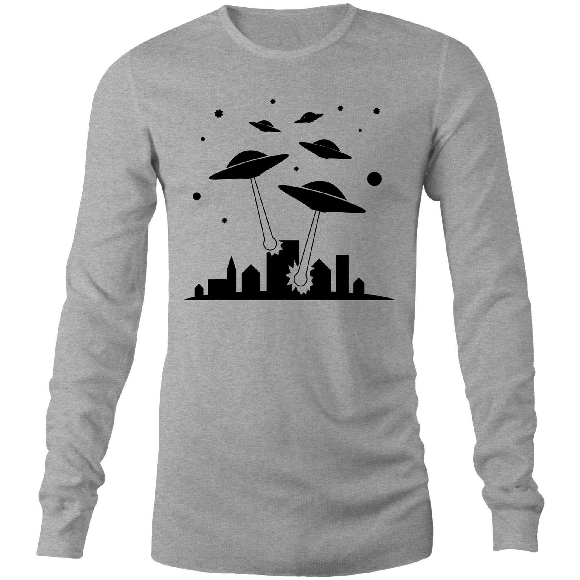 Space Invasion - Long Sleeve T-Shirt Grey Marle Unisex Long Sleeve T-shirt Mens Retro Sci Fi Space Womens