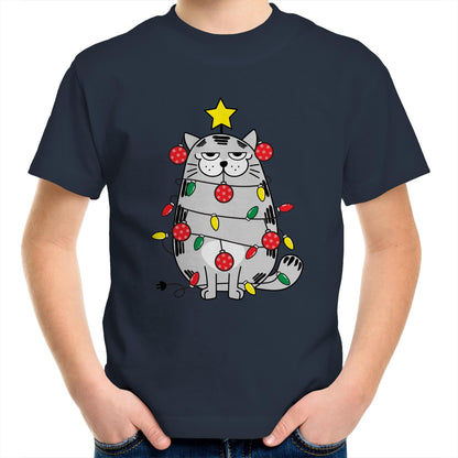 Christmas Cat - Kids Youth Crew T-Shirt Navy Christmas Kids T-shirt Merry Christmas