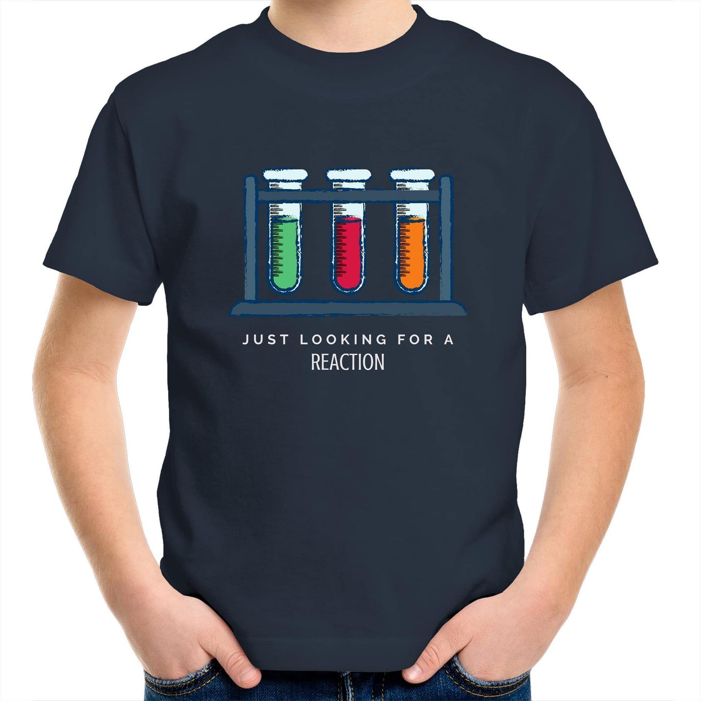 Test Tube, Just Looking For A Reaction - Kids Youth Crew T-Shirt Navy Kids Youth T-shirt Science