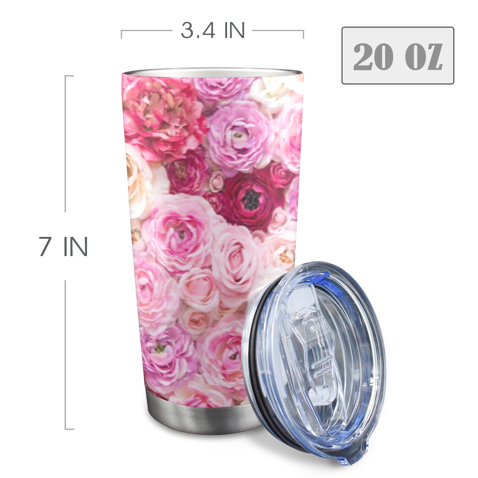 Pink Flowers - 20oz Travel Mug with Clear Lid Clear Lid Travel Mug