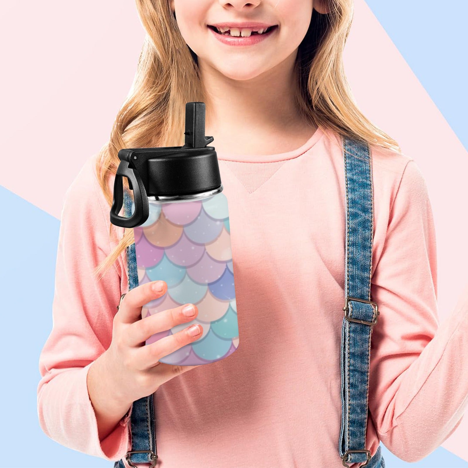 Mermaid Scales - Kids Water Bottle with Straw Lid (12 oz) Kids Water Bottle with Straw Lid