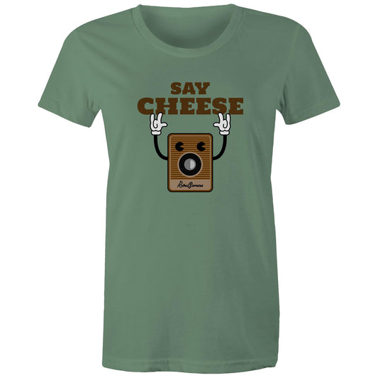 Say Cheese, Retro Camera - Womens T-shirt Sage Womens T-shirt Retro Tech