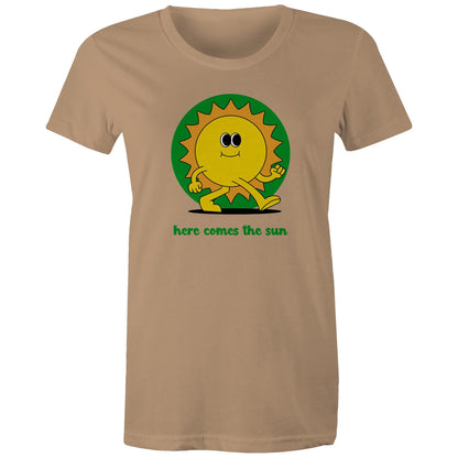 Here Comes The Sun - Womens T-shirt Tan Womens T-shirt Retro Summer