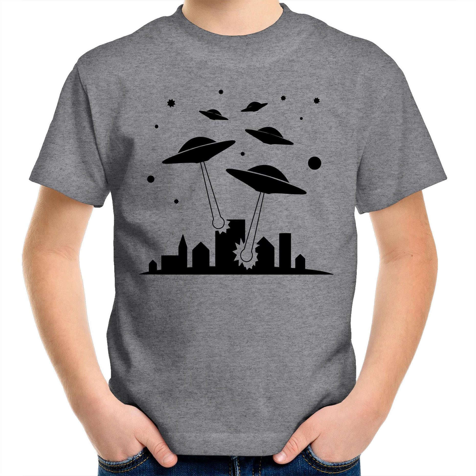 Space Invasion - Kids Youth Crew T-Shirt Grey Marle Kids Youth T-shirt