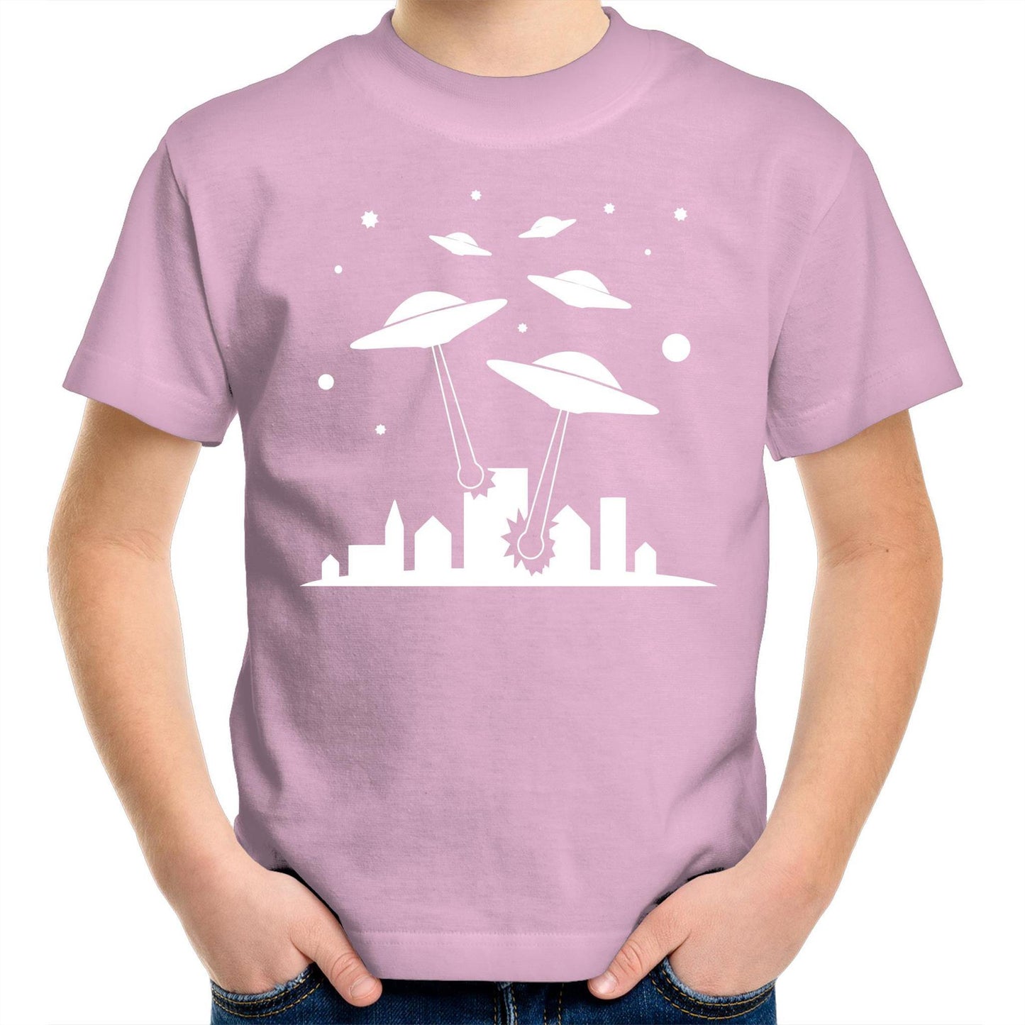 Space Invasion - Kids Youth Crew T-Shirt Pink Kids Youth T-shirt