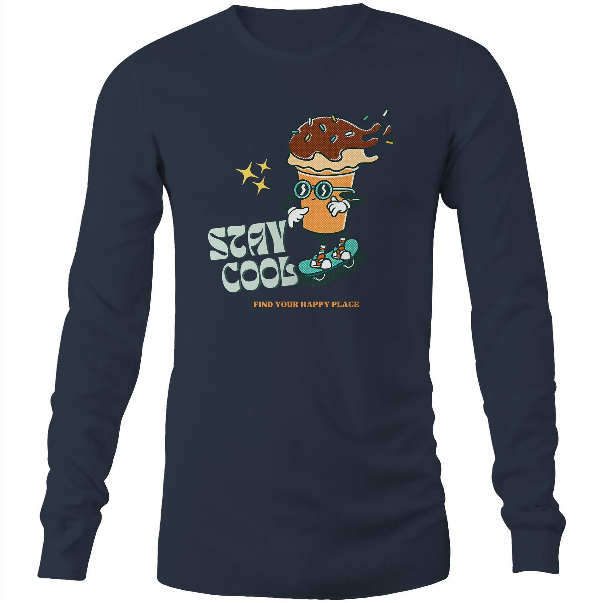 Stay Cool, Find Your Happy Place - Long Sleeve T-Shirt Navy Unisex Long Sleeve T-shirt Retro Summer