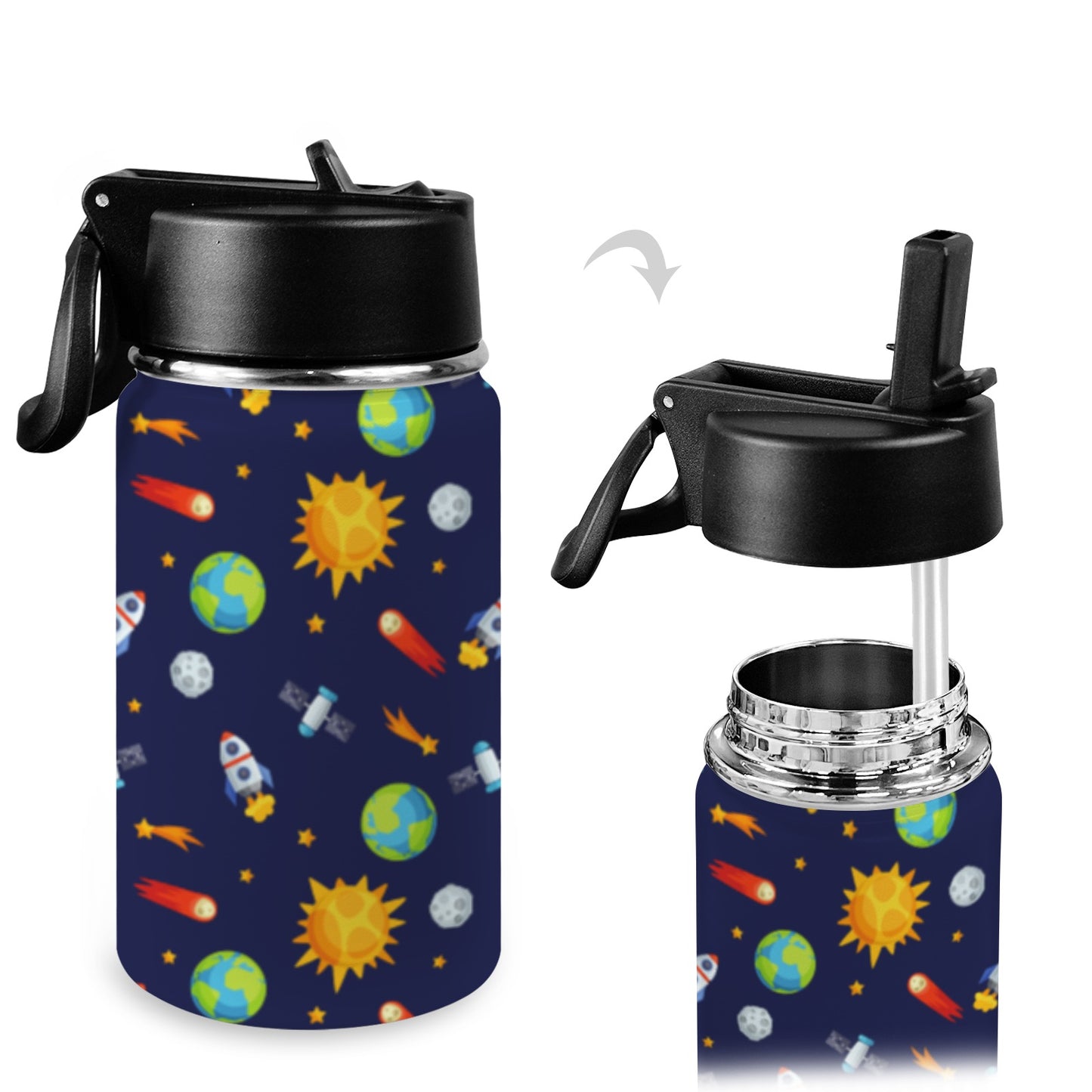 Busy Space - Kids Water Bottle with Straw Lid (12 oz) Kids Water Bottle with Straw Lid Printed Offshore