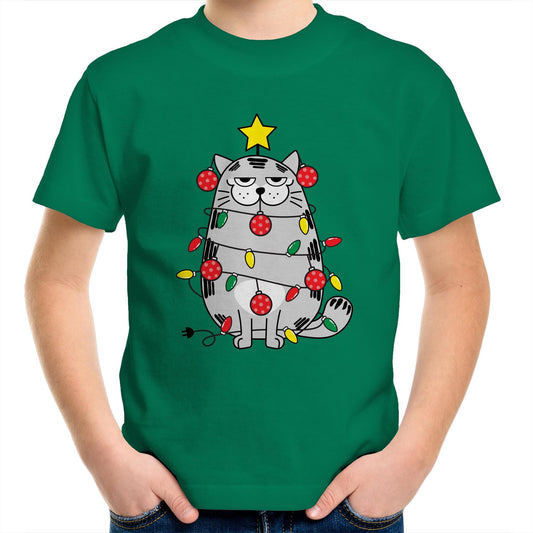 Christmas Cat - Kids Youth Crew T-Shirt Kelly Green Christmas Kids T-shirt Merry Christmas