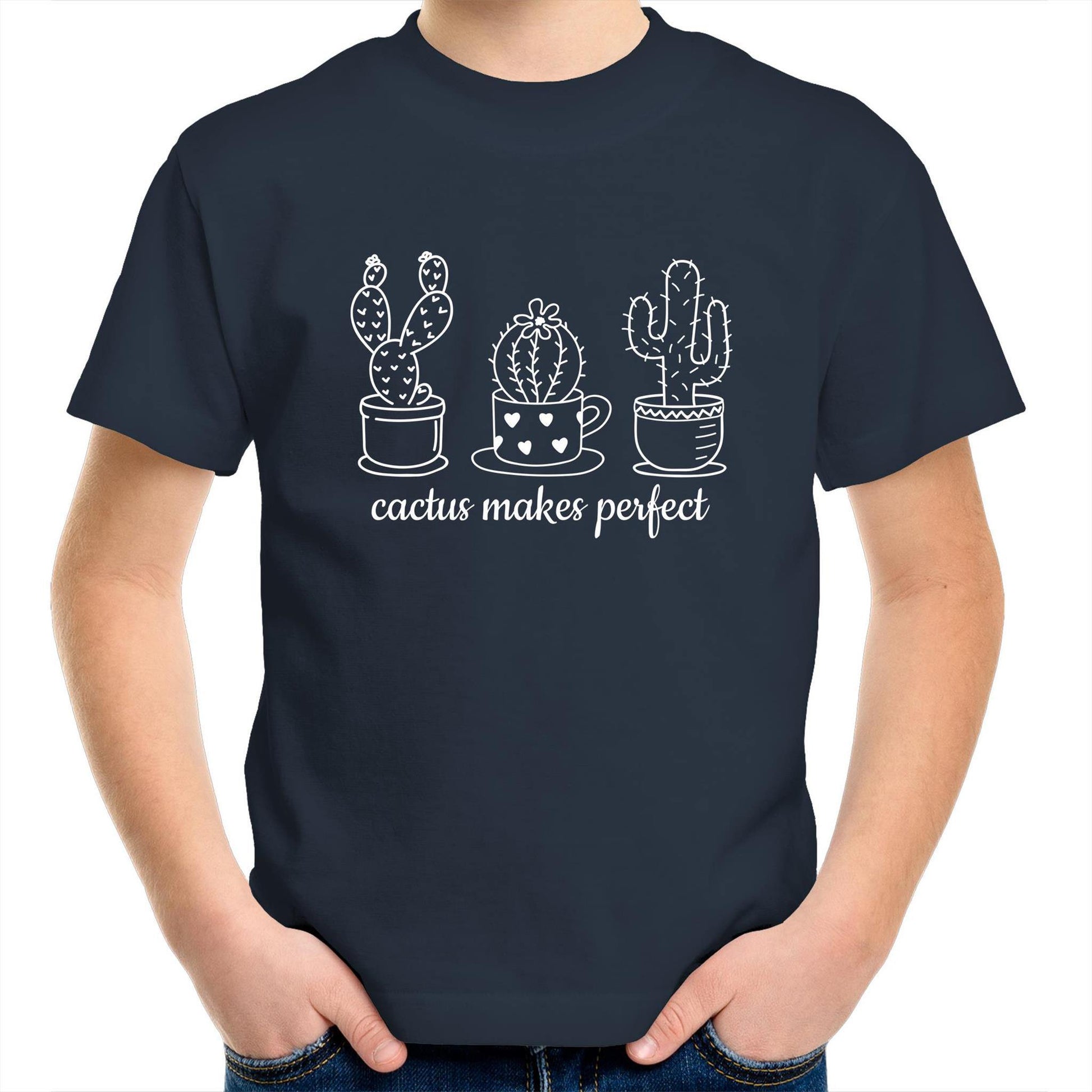 Cactus Makes Perfect - Kids Youth Crew T-Shirt Navy Kids Youth T-shirt Plants