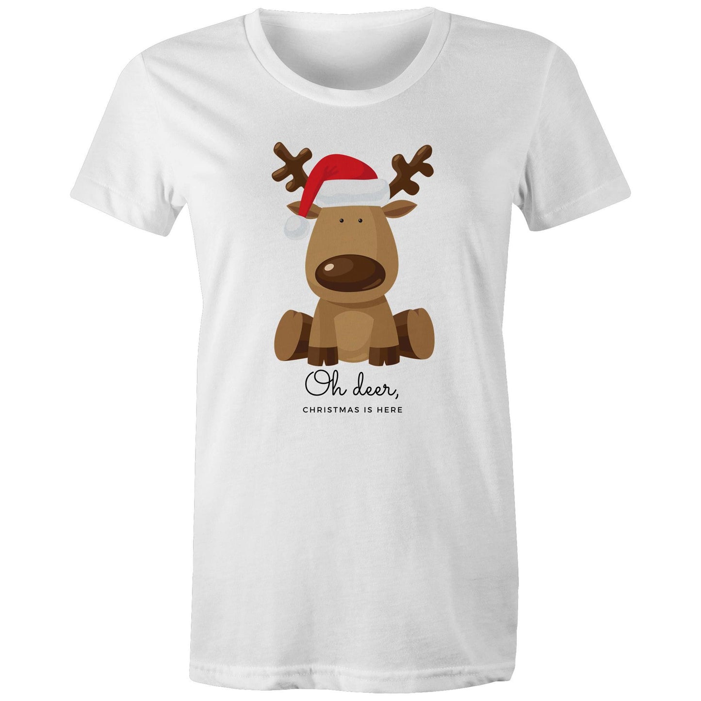 Oh Deer, Christmas Is Here - Womens T-shirt White Christmas Womens T-shirt Merry Christmas