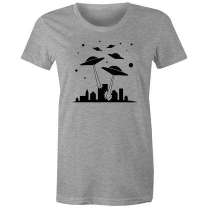Space Invasion - Women's T-shirt Grey Marle Womens T-shirt comic Retro Sci Fi Space Womens