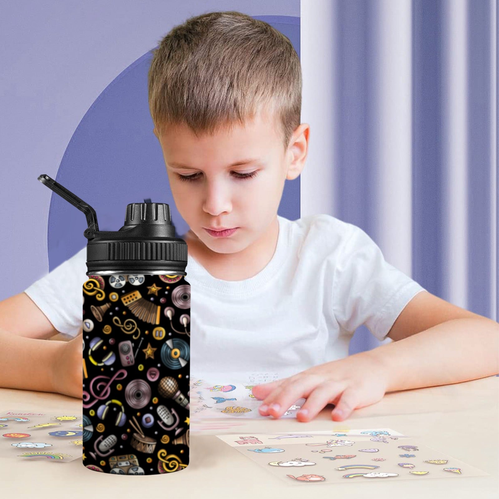 Retro Music Mix - Kids Water Bottle with Chug Lid (12 oz) Kids Water Bottle with Chug Lid Music