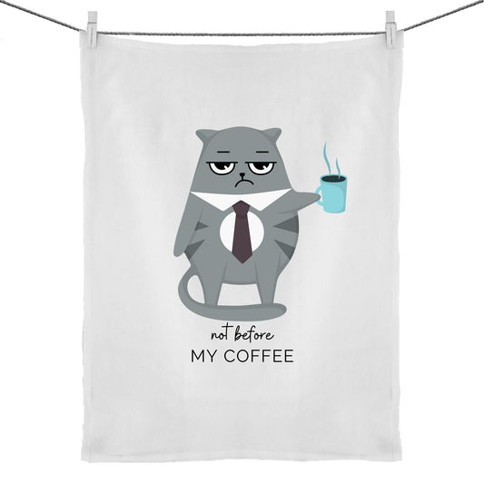 Not Before My Coffee, Cranky Cat - 50% Linen 50% Cotton Tea Towel Default Title Tea Towel animal Coffee