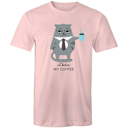 Not Before My Coffee, Cranky Cat - Mens T-Shirt Pink Mens T-shirt animal Coffee