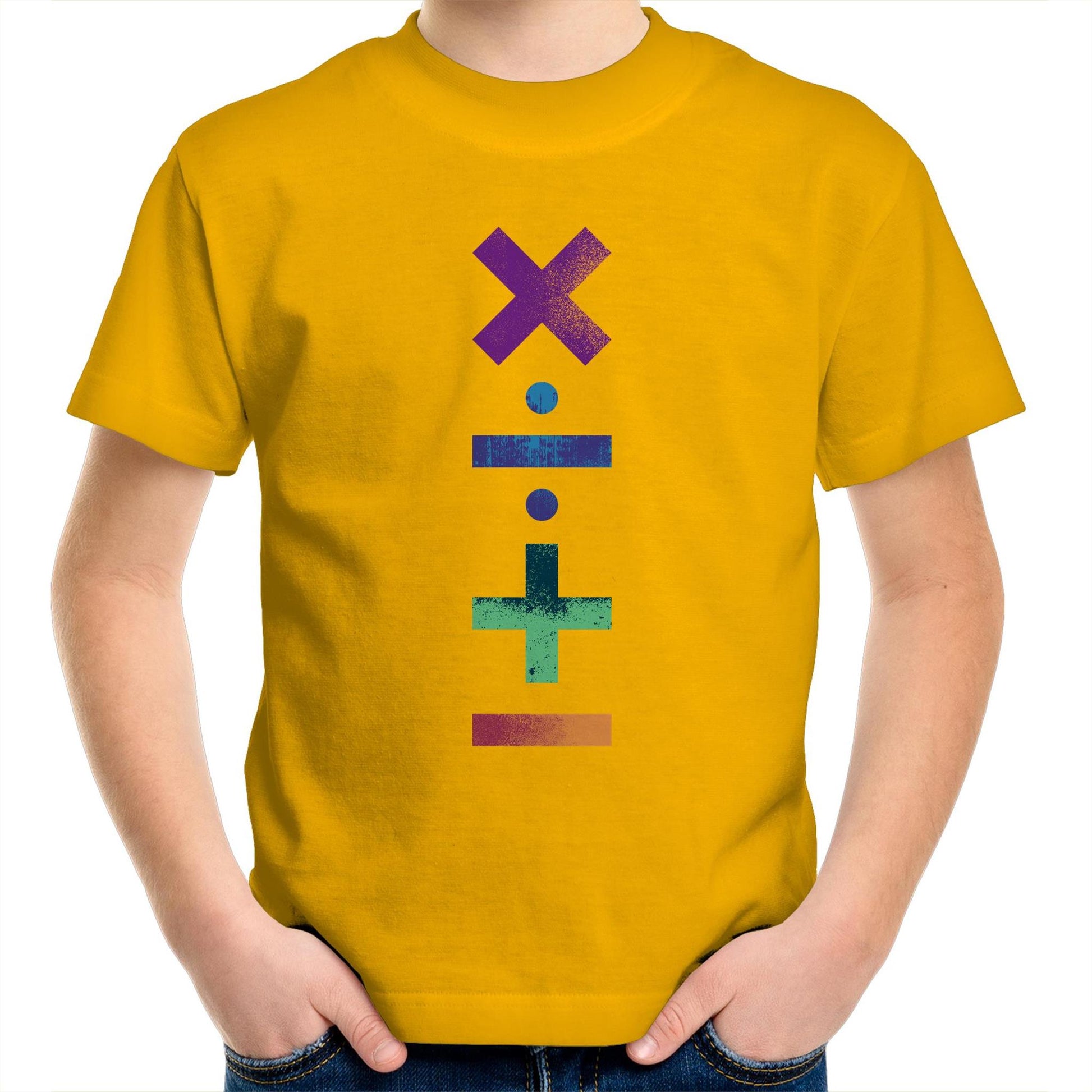 Maths Symbols - Kids Youth Crew T-Shirt Gold Kids Youth T-shirt Maths Science